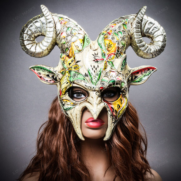 Krampus Ram Demon with Horns Venetian Devil Halloween Mask - Silver - Picture 2 of 9